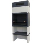 Churrasqueira Wide em betão com prateleira inferior, chaminé integrada e topo em tijolo cinzento