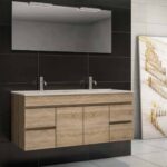 Móvel de casa de banho suspenso Coimbra com lavatório encastrado, disponível em várias medidas, portas e gavetas com fecho suave, design moderno e funcional.