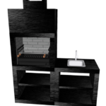 Churrasqueira Moderna CM40B em microcimento preto com acabamento mate, conjunto com bancada lava-louça e grelhador de 60 cm, ideal para espaço externo moderno e funcional.