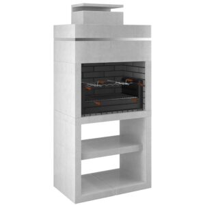 Churrasqueira moderna CH117 em cimento e tijolo cinza com grelhador, design elegante e resistente para churrascos ao ar livre.