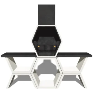 Churrasqueira MOD 5 da Blive com betão hidrófugo, grelha em inox e bancadas laterais, modular e resistente, ideal para churrascos com lenha ou carvão em áreas externas.