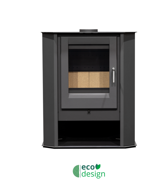 Salamandra a lenha SLDC 6kW em aço, com vidro neocerâmico e design para canto, alto rendimento 82,3%.