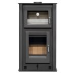 Salamandra a Lenha Íris N990 Frontal em aço com vidro Neocerâmico, destacando forno integrado e aquecimento eficiente.