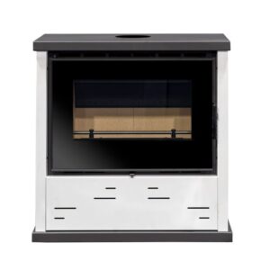 Salamandra a Lenha Bell 11 PLUS em aço com vidro Neocerâmico, ventilação tangencial e design moderno para aquecimento eficiente.