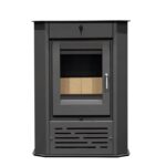 Salamandra de canto ventilada SR910 em aço com vidro Neocerâmico, mostrando o fogo aceso e ventiladores integrados, ideal para aquecer ambientes de até 340 m³ com eficiência.