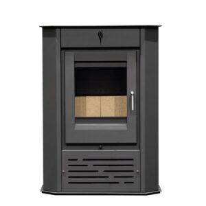 Salamandra de canto ventilada SR910 em aço com vidro Neocerâmico, mostrando o fogo aceso e ventiladores integrados, ideal para aquecer ambientes de até 340 m³ com eficiência.