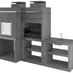 Churrasqueira CH910 com forno e bancada em betão cinza, com grelhador incluído e acabamento britado moderno.