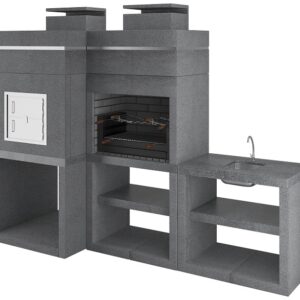 Churrasqueira CH910 com forno e bancada em betão cinza, com grelhador incluído e acabamento britado moderno.