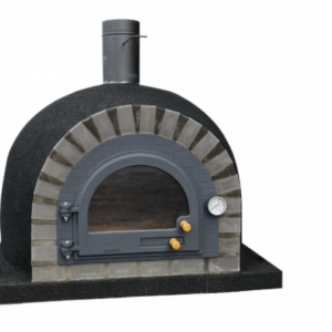 Forno a lenha isolado Sintra em tijolo cinza com isolamento em cortiça e porta em ferro fundido.