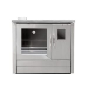 Fogão a Lenha ME16 Tropical Inox com porta de vidro resistente, forno inox e design contemporâneo.