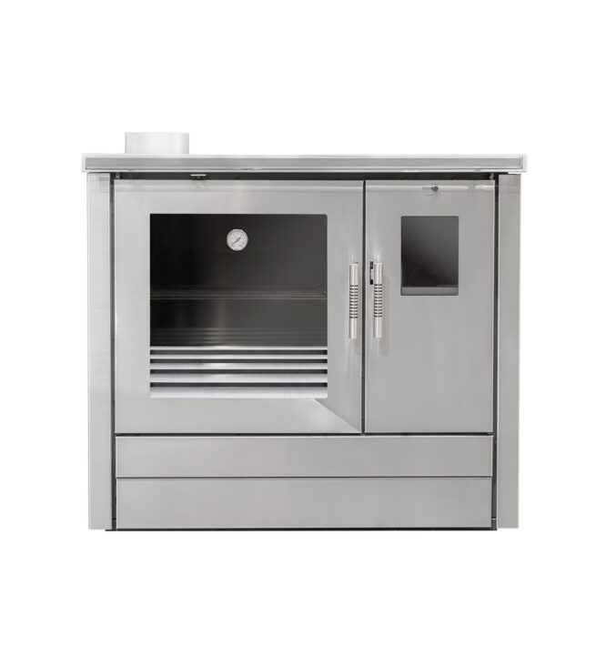 Fogão a Lenha ME16 Tropical Inox com porta de vidro resistente, forno inox e design contemporâneo.