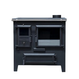 Fogão a lenha ME70 com forno em aço carbono, tampo reforçado e portas em alumínio fundido com vidro termo resistente, potência de 8,9kW e saída de fumos lateral, ideal para aquecimento e cozedura segura.