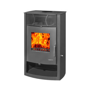 Salamandra a lenha Denice 5055 em ferro fundido e aço reforçado, com lenheiro e sistema de combustão dupla.