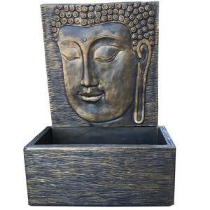 Fonte Cara de Buda em cimento para exterior, ideal para jardins e espaços zen. Disponível em vários acabamentos. Motor vendido em separado.