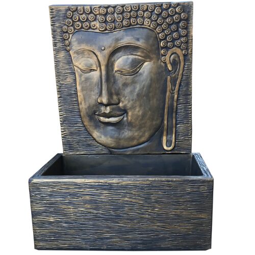 Fonte Cara de Buda em cimento para exterior, ideal para jardins e espaços zen. Disponível em vários acabamentos. Motor vendido em separado.