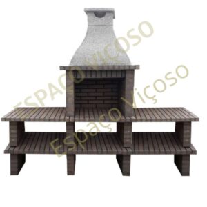 Churrasqueira com bancadas CH216-CZ em tijolo cinzento com chaminé em cimento britado