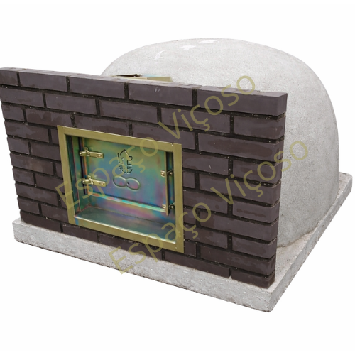 Forno a lenha com porta de fumeiro e tijolo cinzento