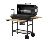 Barbecue a carvão com espeto giratório, termómetro, prateleiras dobráveis e rodas. Ideal para 8 a 10 pessoas. Entrega em 5 dias úteis.