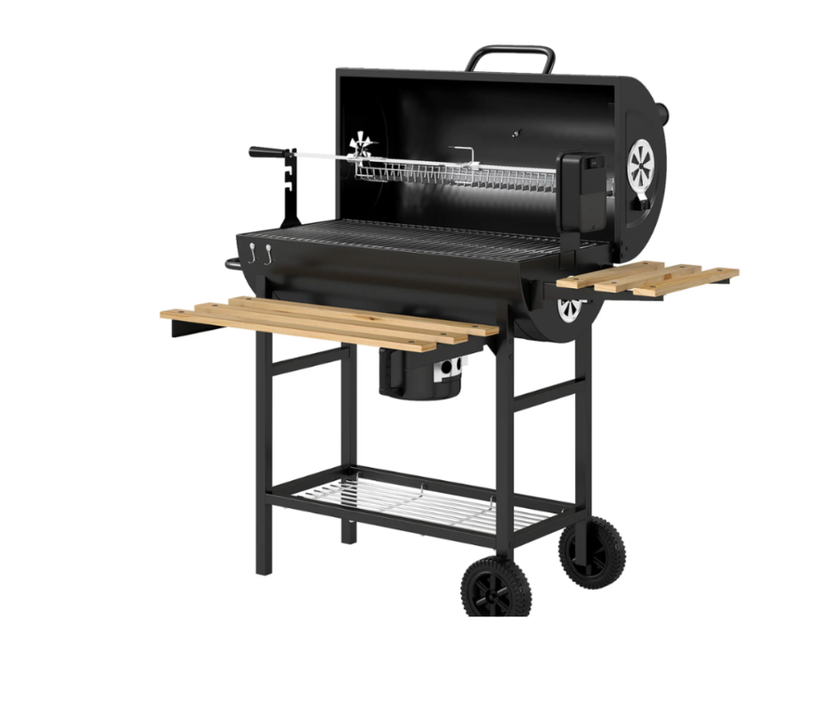 Barbecue a carvão com espeto giratório, termómetro, prateleiras dobráveis e rodas. Ideal para 8 a 10 pessoas. Entrega em 5 dias úteis.