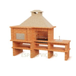 Churrasqueira com forno e bancada com lava-loiça esquerda em tijolo tradicional com grelhador de embutir 69x48 cm Ref. 130Eesq