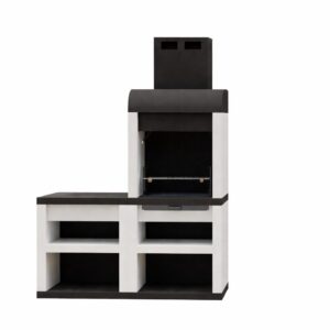 churrasqueira modular Faro com bancada esquerda e chaminé em cimento branco e antracite