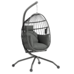cadeira suspensa com suporte e cesta dobrável com almofada para jardim ou interior disponível em preto cinzento e caqui