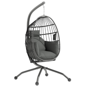 cadeira suspensa com suporte e cesta dobrável com almofada para jardim ou interior disponível em preto cinzento e caqui