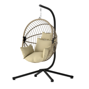 Poltrona ovo suspensa caqui com suporte incluído, almofada espessa de 22 cm e cesto dobrável. Estrutura em aço resistente. Ideal para interior e exterior. Capacidade até 120 kg. Entrega em 5 dias.