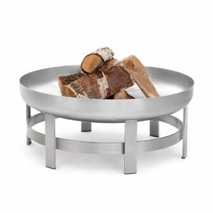 Fire Pit Preila em aço inoxidável com lenha, ideal para jardins, terraços e espaços exteriores modernos.