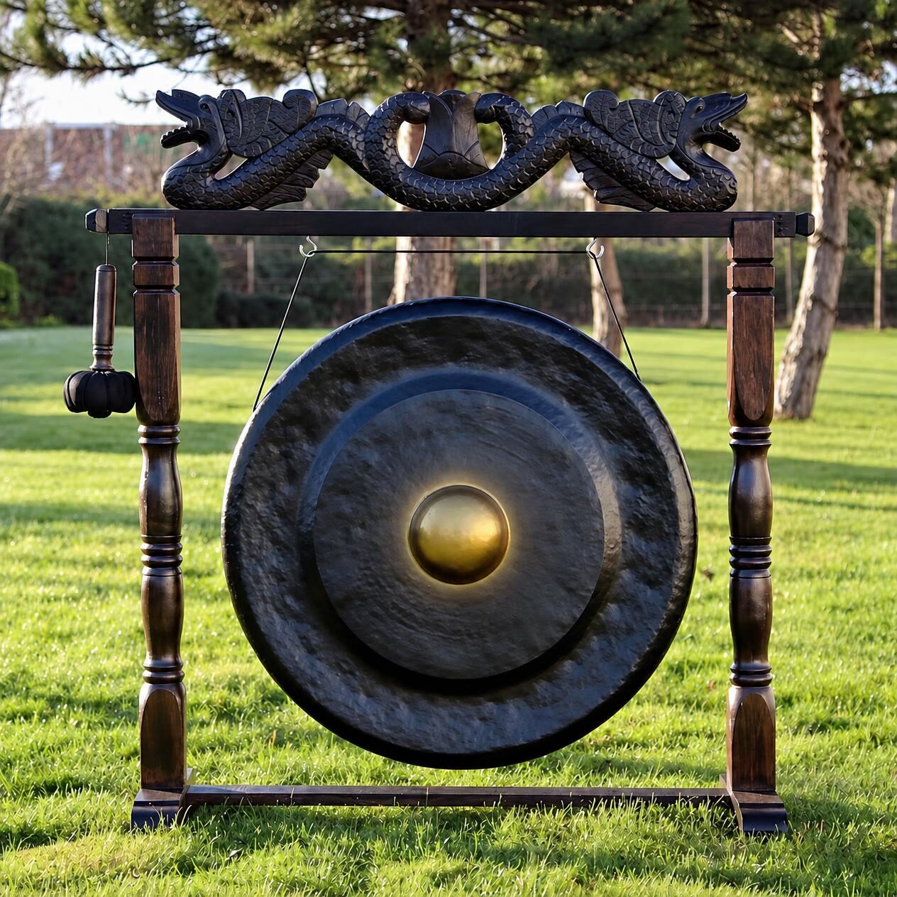 Gongo de Meditação 80 cm preto com suporte em madeira